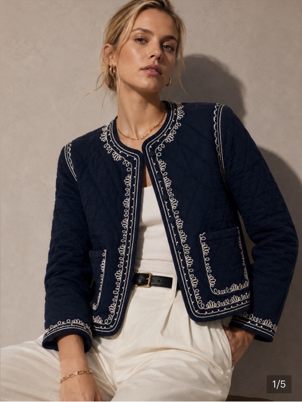 bagatelle Navy Quilted Jacket with White Trim